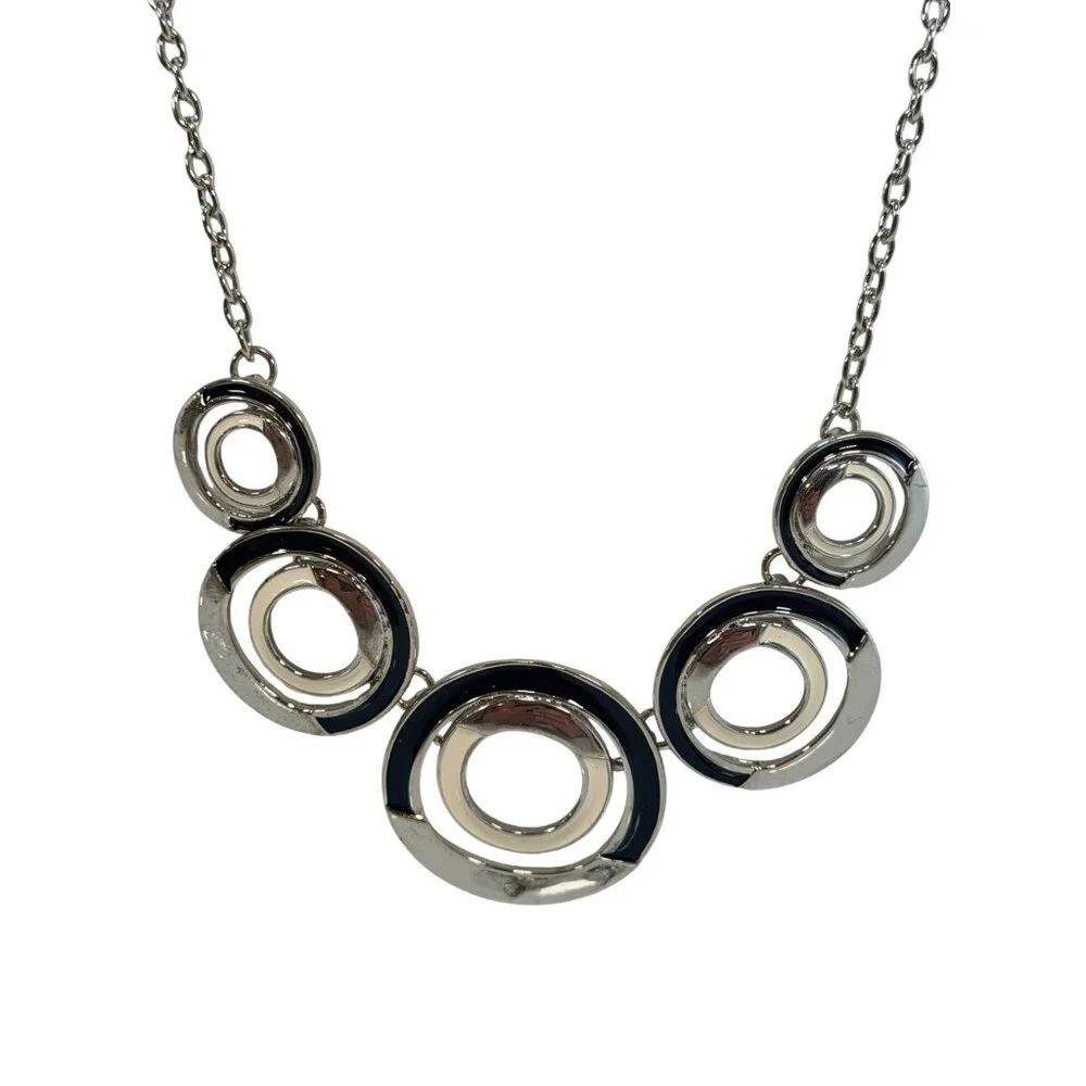 Vintage Silver Tone Geometric Circle Enamel Statement Bib Necklace & Earring Set - Picture 5 of 8